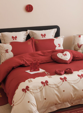 高端婚庆A类100全棉四件套大红色刺绣结婚纯棉新婚房陪嫁床上用品
