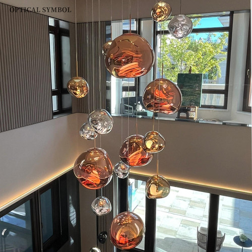 loft复式楼别墅客厅挑空楼梯间长吊灯简约吧台餐厅设计师熔岩吊灯