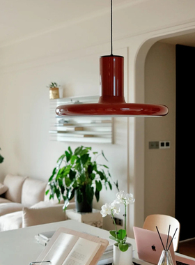 中古红色飞盘吊灯丹麦餐厅吊灯长线彩色餐桌飞碟设计感包豪斯吊灯