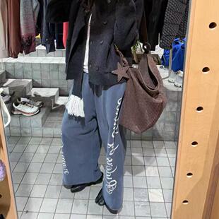 allawell 南油女装 复古蓝字母水洗做旧宽松休闲裤百搭运动九分裤