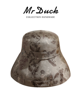 mrduck进口棉麻印花法式优雅大帽檐遮阳帽女渔夫帽子防晒防紫外线
