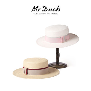 mrduck經典 寬檐平頂草帽休閑度假雙拼織帶草編防曬遮陽帽男女 法式