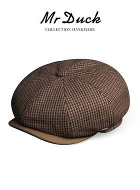 mrduck复古经典千鸟格报童帽男款大头围羊毛帽子休闲穿搭八角帽