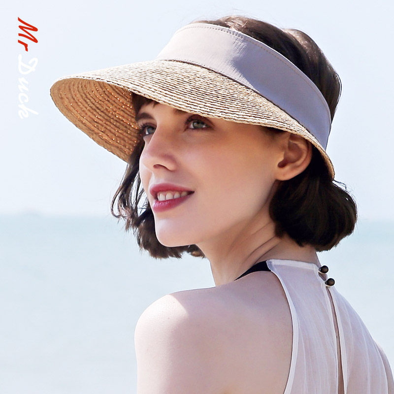 mrduck手工拉菲草空顶草帽女夏季出游防晒无顶帽子可折叠沙滩帽女
