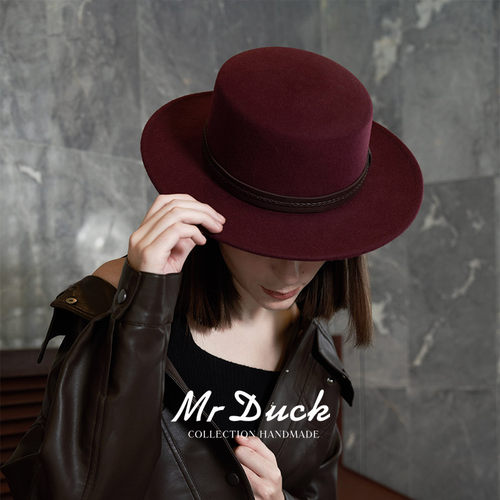 mrduck秋冬澳洲全羊毛呢平顶礼帽