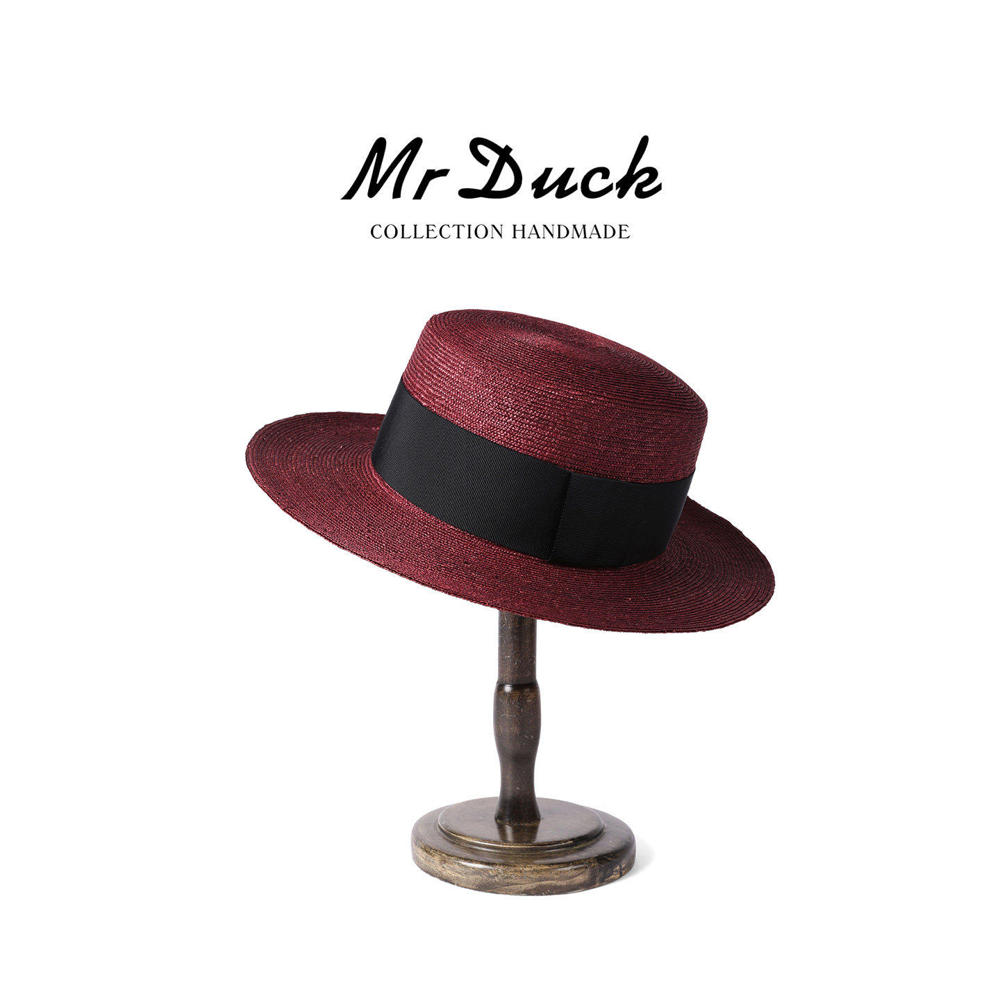 mrduck秀款 酒红色高级感麦秆手工平顶草帽女 2026夏天海边遮阳帽