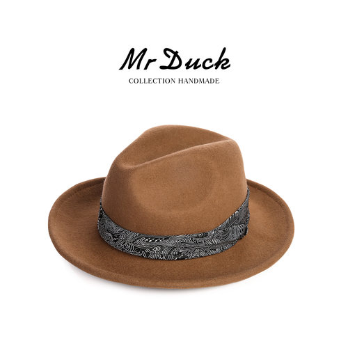 mrduck羊毛呢百搭卷边爵士礼帽