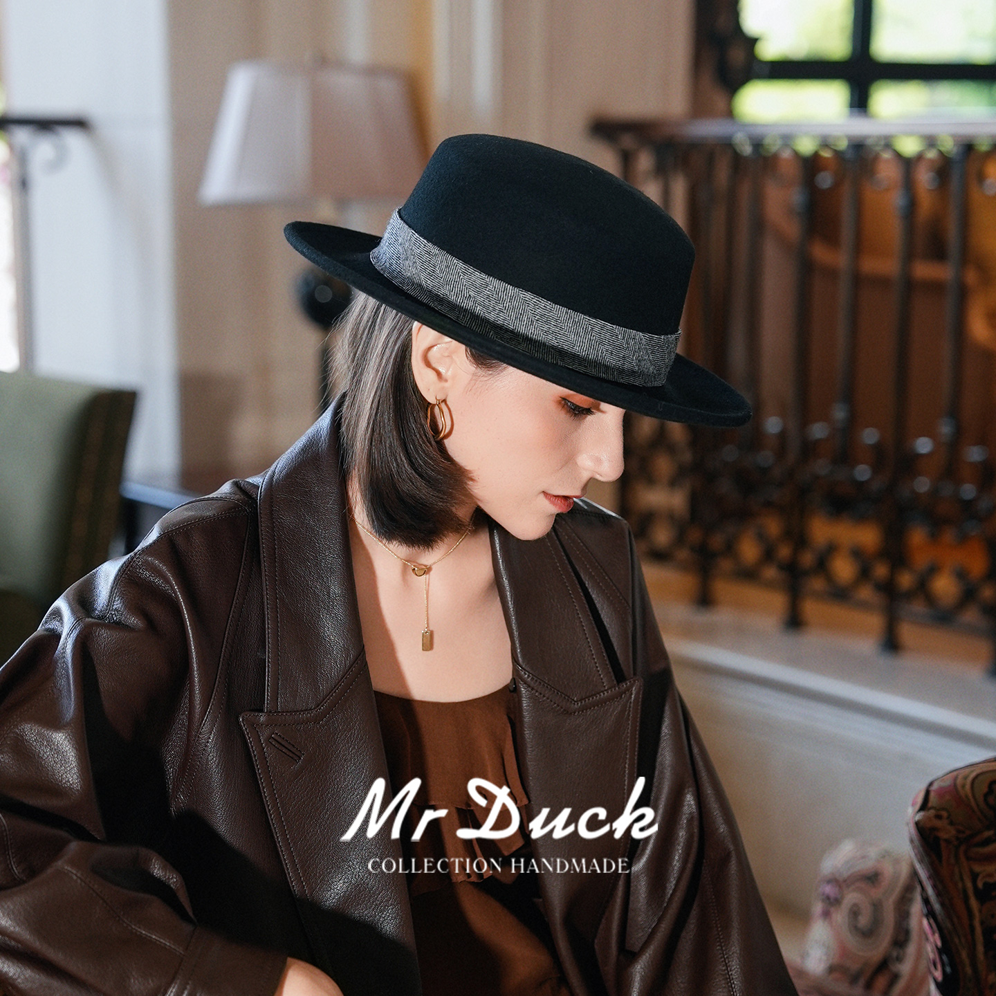 mrduck织秋 设计师新款澳洲90支超细羊毛法式平顶礼帽女秋冬帽子