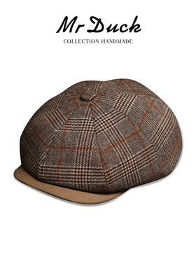 mrduck经典格纹报童帽羊毛呢八角鸭舌帽贝雷帽冬中老年保暖前进帽