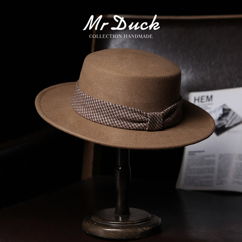 mrduck轻奢优雅千鸟格原创平顶帽秋冬羊毛呢赫本风时髦小礼帽女