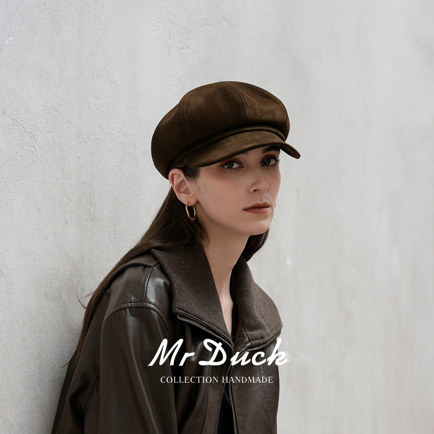 mrduck如故 新款进口头层羊反绒报童帽女 丝光感真皮八角帽子秋冬