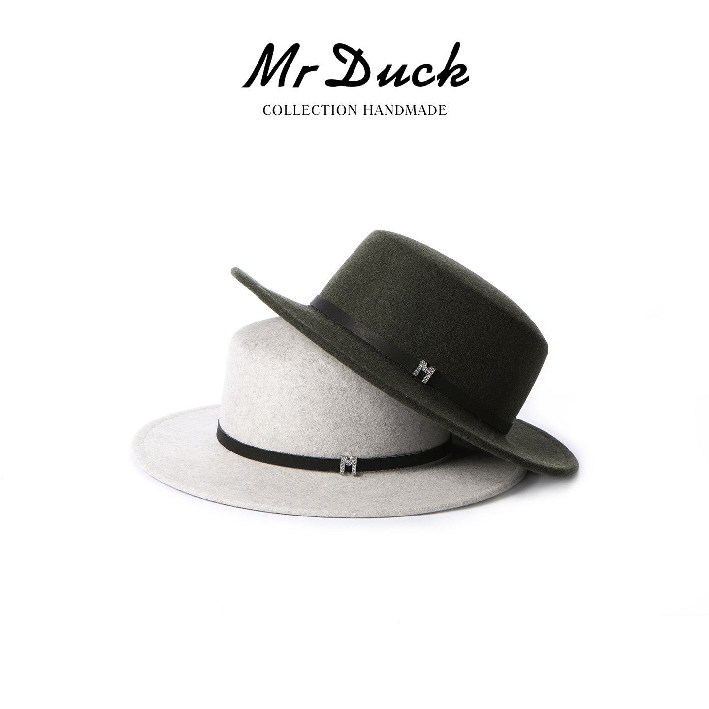 mrduck 手工制 澳洲纯羊毛平顶帽女 简约雅致毡帽 小牛皮织带帽子