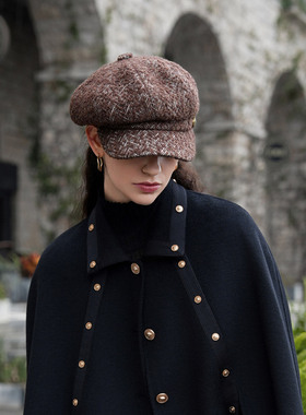 mrduck织梦 轻奢级羊毛羊驼毛混纺人字纹肌理护法式八角报童帽冬