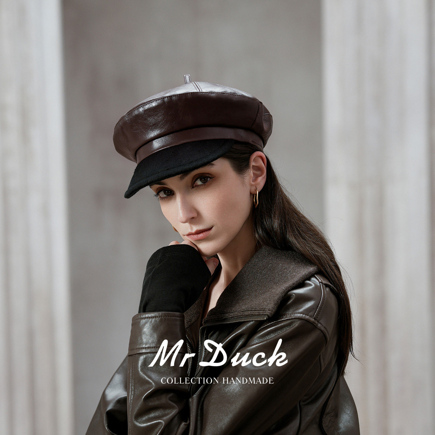 mrduck夜巴黎 大牌秀款复古头层绵羊皮拼接报童帽 秋冬新款帽子女