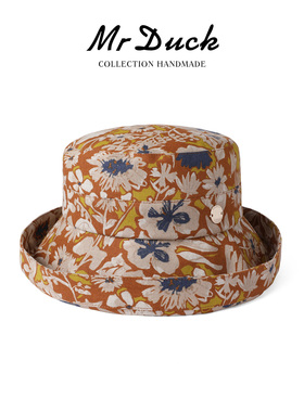 mrduck花田 进口手绘印花亚麻遮阳帽女 松弛感帽包脸防晒渔夫帽子