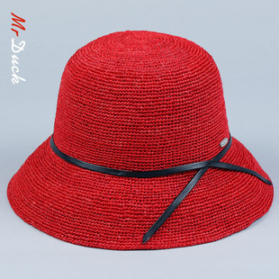 mrduck进口拉菲草帽女红色帽子沙滩防晒太阳帽可折叠拉菲草遮阳帽