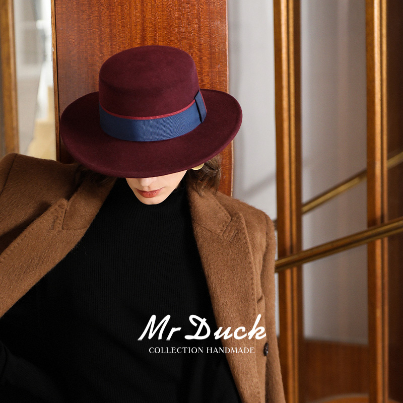 mrduck法式气质 定染珐琅酒红澳洲羊毛平顶礼帽女手工平檐平顶帽
