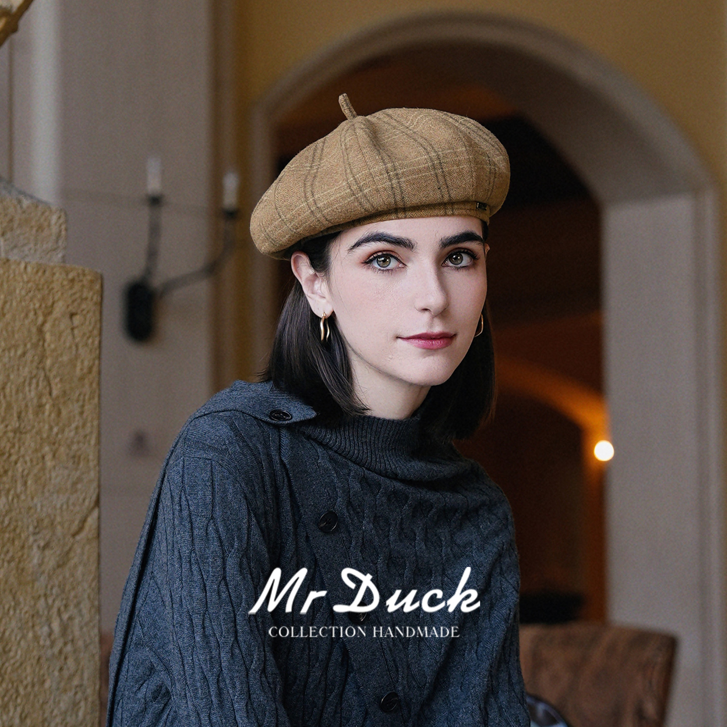 mrduck复古优雅英式窗格贝雷帽女