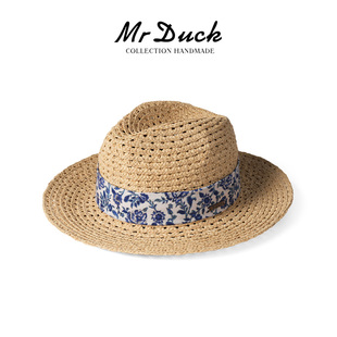 mrduck地中海 马达加斯加拉菲草帽男透气海边镂空礼帽巴拿马帽子