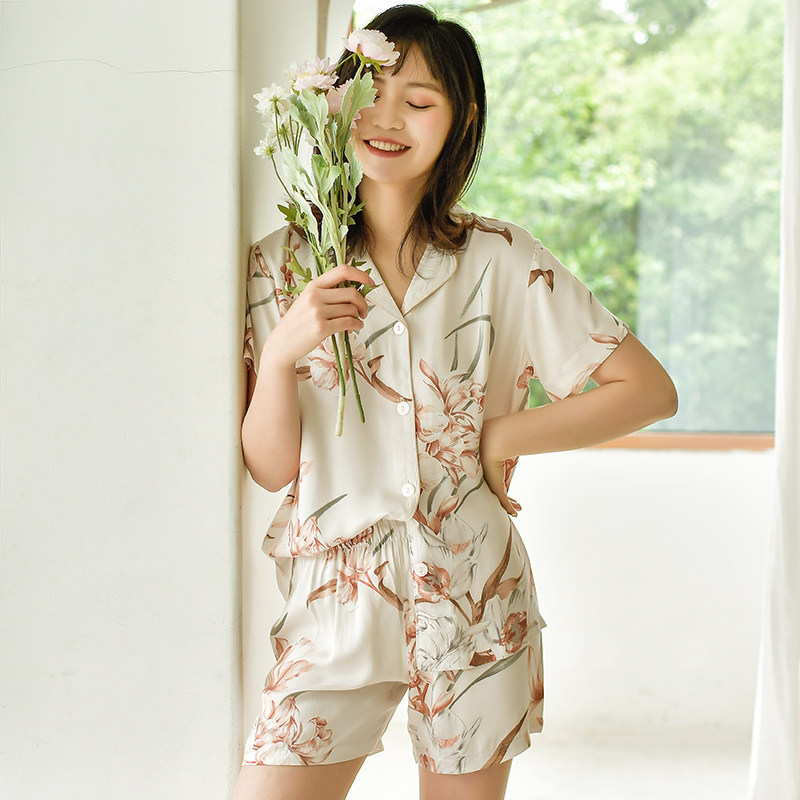 米兰花睡衣女夏季薄款短袖短裤两件套装休闲家居服人棉丝滑冰爽感