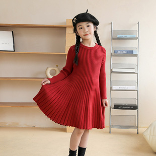 韩系ins童装冬季加厚女童酒红色毛衣裙公主针织大摆裙新年连衣裙