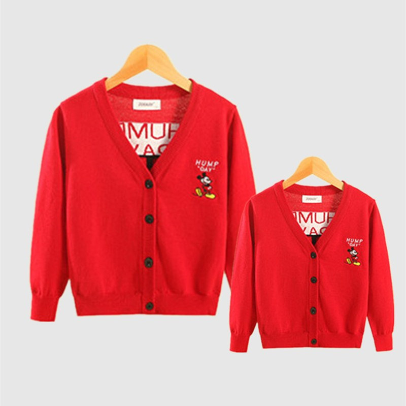韩版男童红色纯棉毛衣春宝宝卡通针织开衫外套亲子红毛衣生日周岁