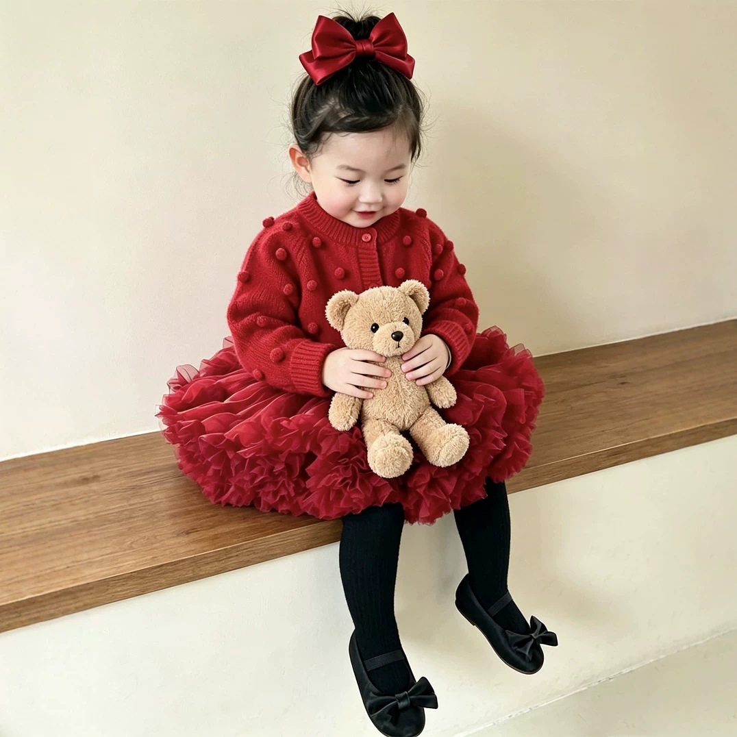 韩国ins童装2026女童蓬松蓬蓬裙红色公主纱裙TUTU裙周岁新年生日