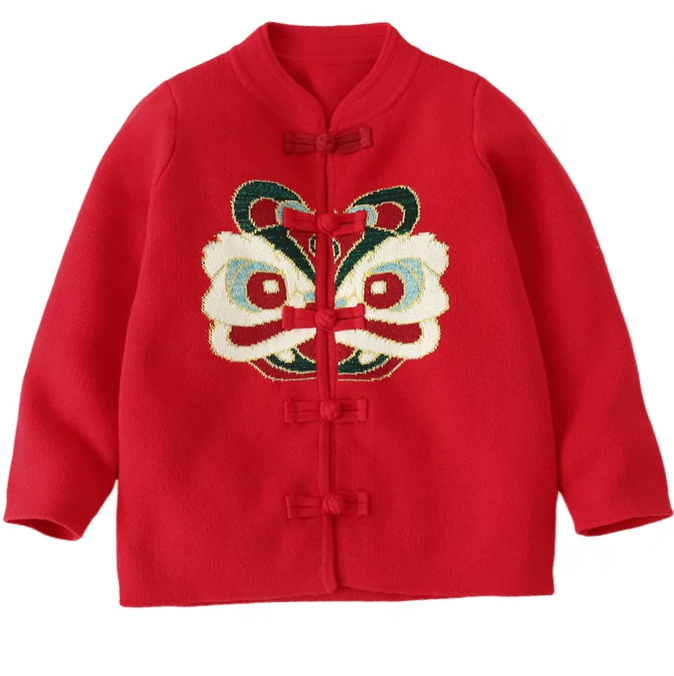 新中式国风童装男童红色醒狮唐装针织开衫纯棉线加厚毛衣外套新年
