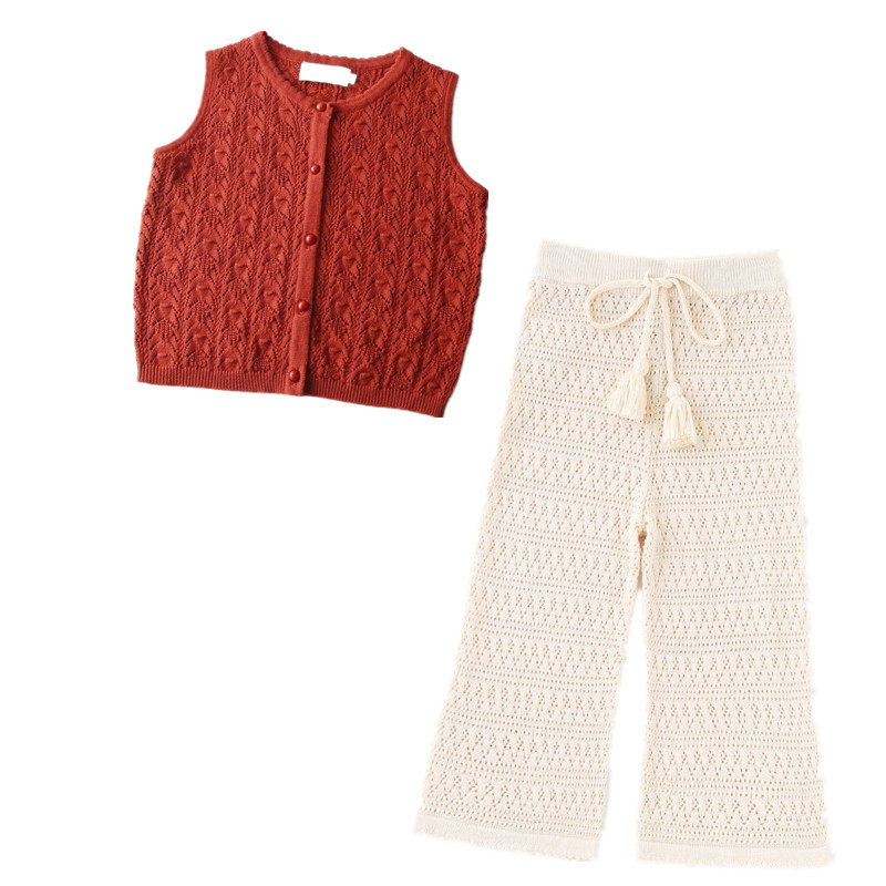 韩国ins童装2025新款夏季女童镂空针织衫纯棉背心薄宝宝红色马甲