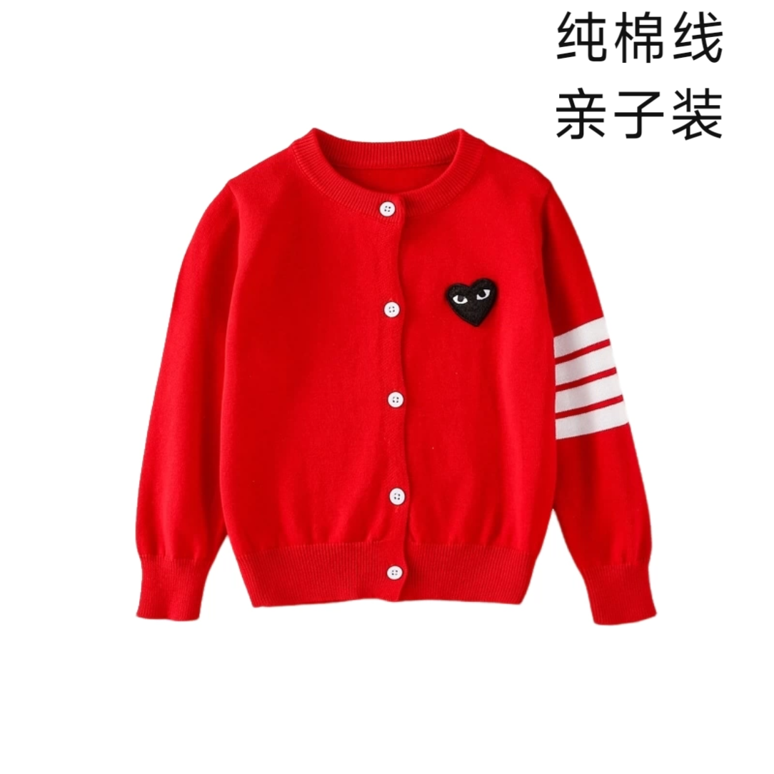 韩国ins童装男童红色针织开衫纯棉薄款毛衣爱心条纹外套新年亲子