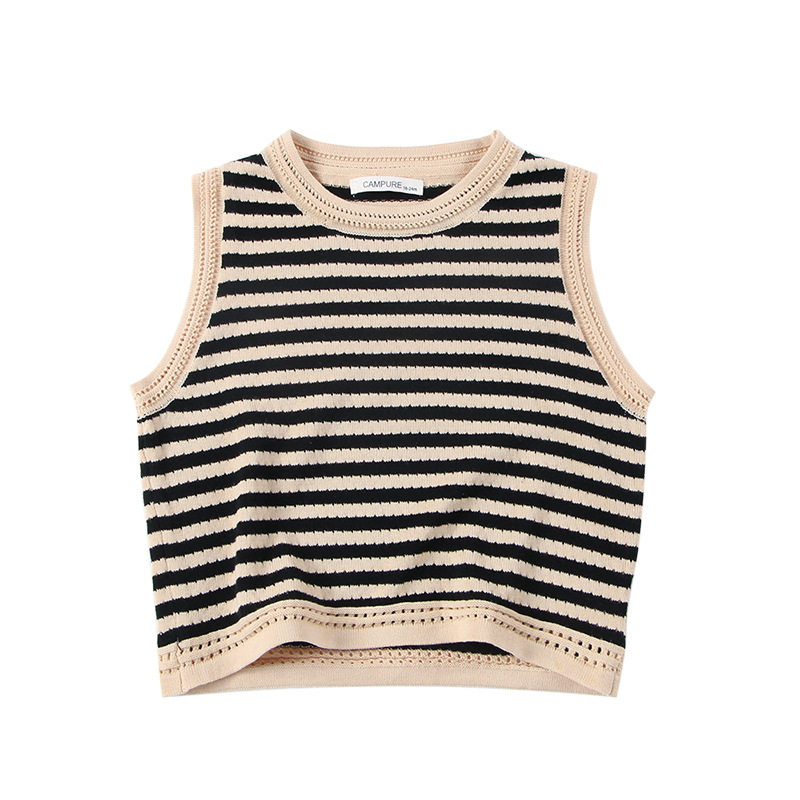 韩版2024秋季男女童卡其条纹宽松慵懒风毛衣马甲叠穿纯棉背心坎肩