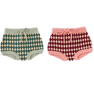 韩国ins秋季女宝宝格子针织短裤纯棉婴儿童兔尾巴毛线面包裤新年