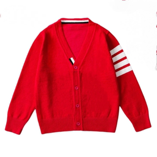 韩版ins新款男童红色毛衣婴儿纯棉v领针织开衫亲子大童本命年过年
