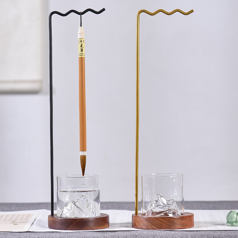 创意带玻璃水杯简约笔架毛笔挂文房四宝学生练字书法用品摆件收纳