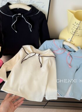 女宝宝长袖T恤秋装新款领结洋气韩版女童翻领打底衫儿童百搭上衣