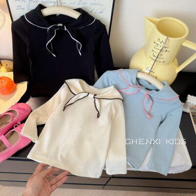 女宝宝长袖T恤秋装新款领结洋气韩版女童翻领打底衫儿童百搭上衣