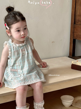 女童连衣裙夏装2026新款洋气儿童绿色格子韩版背心裙小清新公主裙