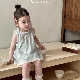 女童连衣裙夏装2026新款洋气儿童绿色格子韩版背心裙小清新公主裙