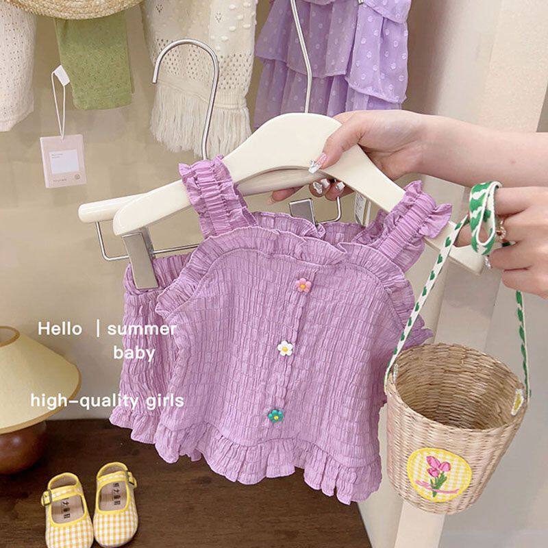 女童套装儿童夏季新款宝宝洋气甜美吊带背心中小童花边短袖两件套