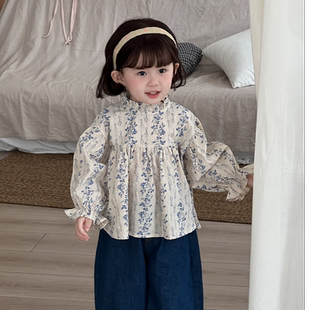 女童韩国长袖2026春季新品儿童碎花木耳领泡泡袖衬衣袖小清新衬衫