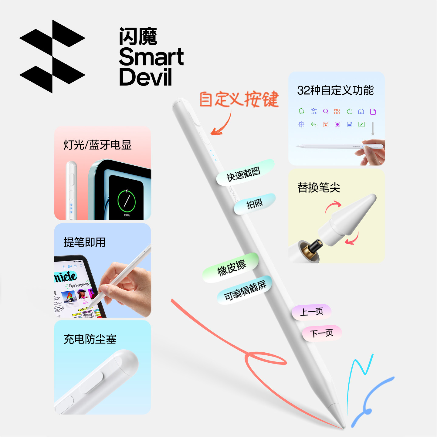 闪魔电容笔ipad触控笔适用苹果applepencil平替一代二代11平板pro手写笔触屏air7触摸笔电脑通用官方画画笔尖