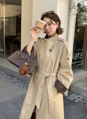 2026秋新款英伦风中长立领腰带风衣外套女