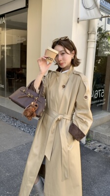 2026秋新款英伦风中长立领腰带风衣外套女