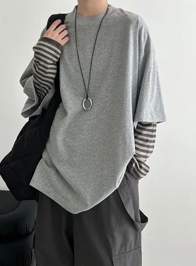 法式早秋打底衫~极简五分袖加绒磨毛T恤女廓形BF宽松短袖上衣