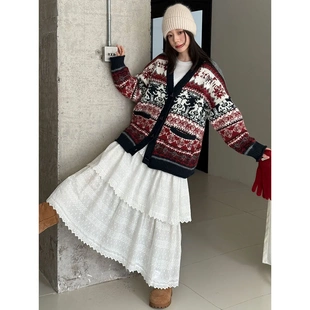 外套女冬季 法式 羊毛针织开衫 费尔岛中长款 松弛感圣诞风毛衣s 鹿西