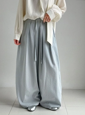 法式日系简约松紧腰抽绳垂感休闲裤女早春新松弛感阔腿长裤1