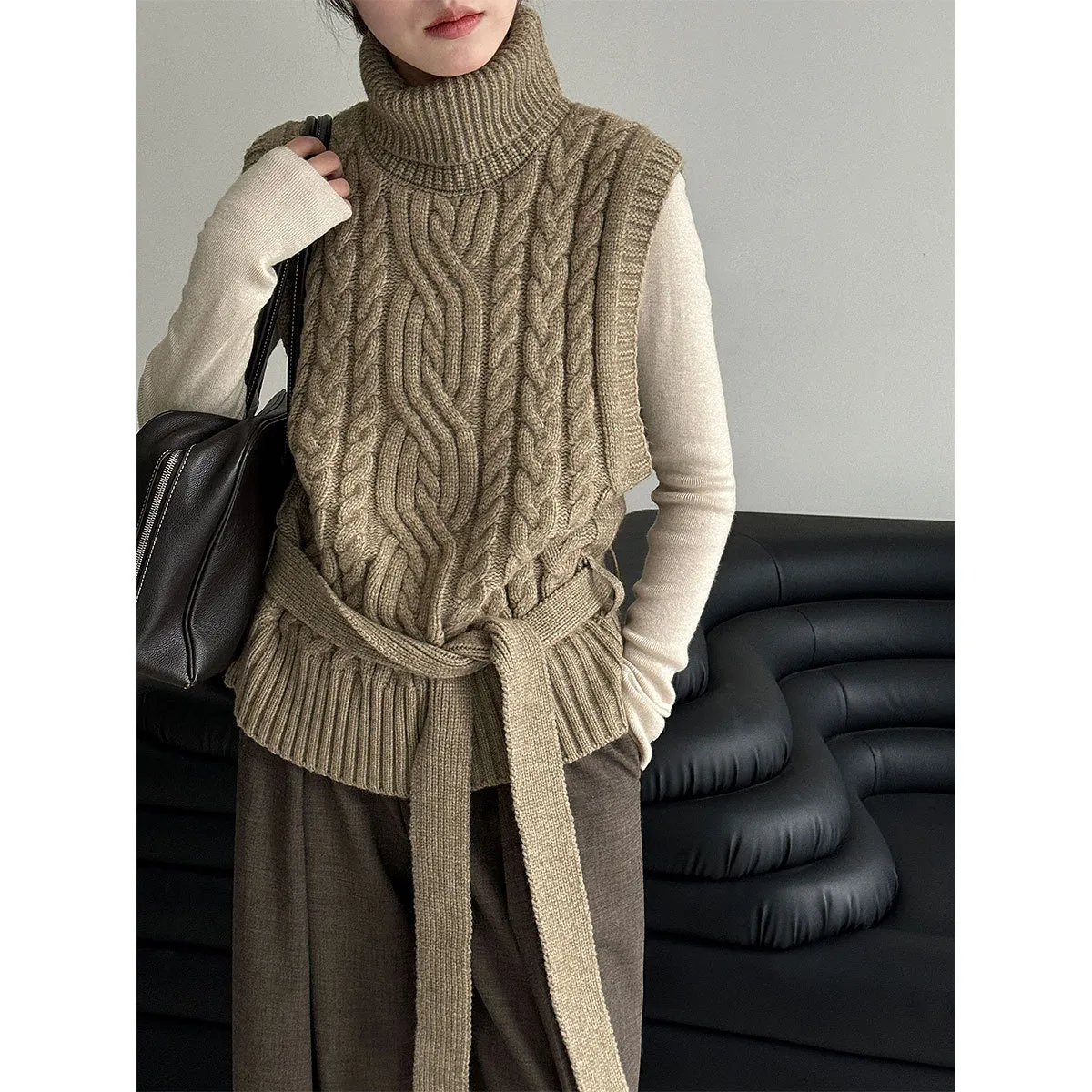 法式韩系高领羊毛立体麻花针织背心女冬季配腰带无袖毛衣ss9