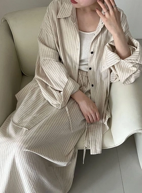 法式棉麻条纹衬衫+同色系半身裙女25秋季新款韩系简约两件套