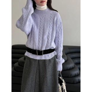 女冬季 温柔软糯羊毛立体麻花圆领针织衫 韩系慵懒风毛衣s 鹿西 法式