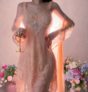 纤线依【花间蜜月】网纱睡衣蕾丝吊带性感纯欲家居服薄款约会睡袍